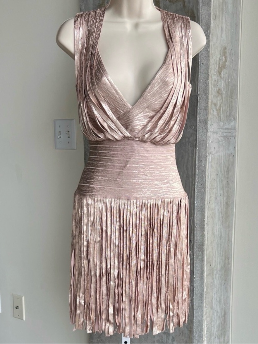 Hervé Léger Pink and Gold Fringe Mini Dress